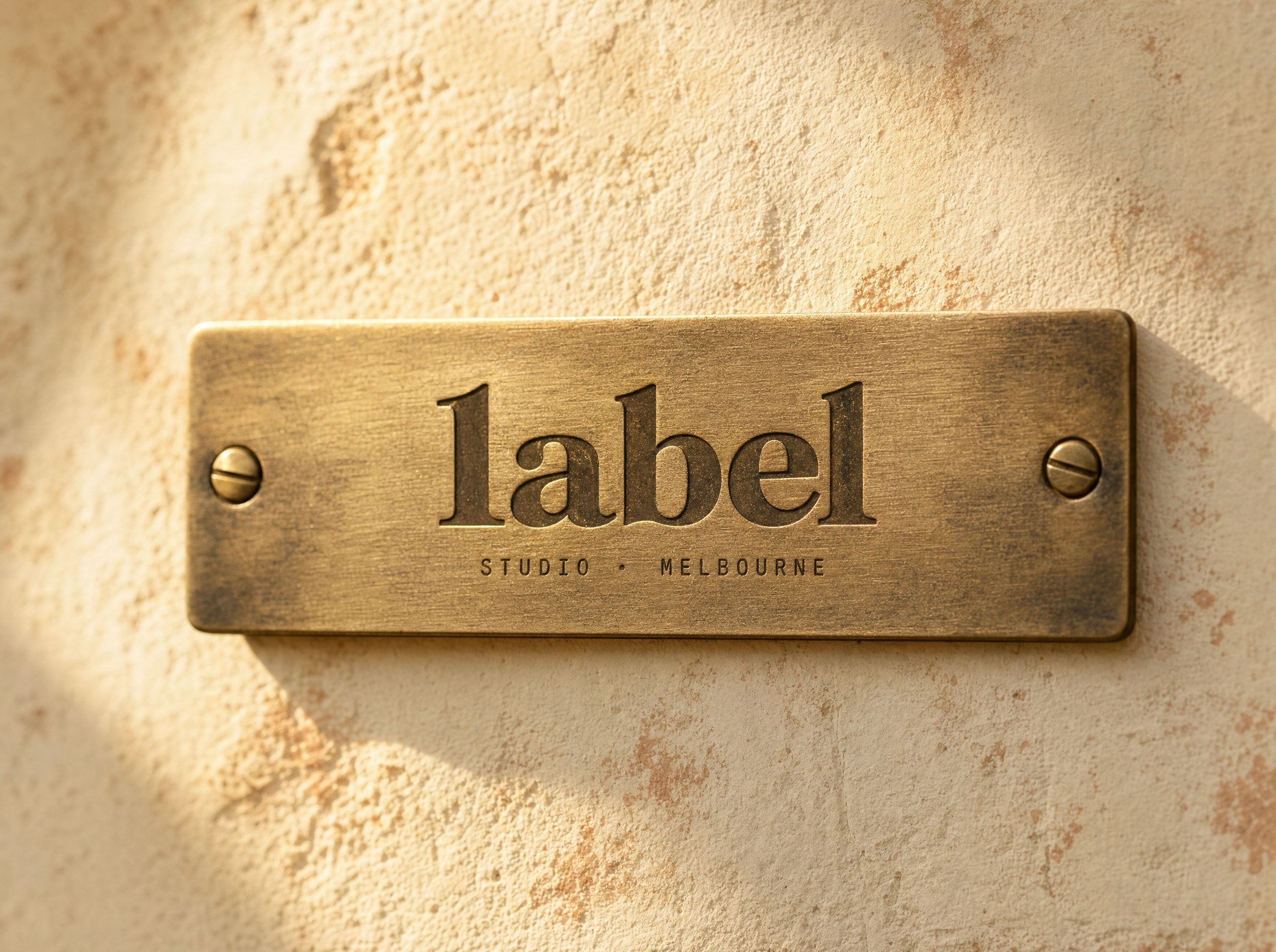 Brushed-brass 1abel studio plaque mounted on cream stucco.