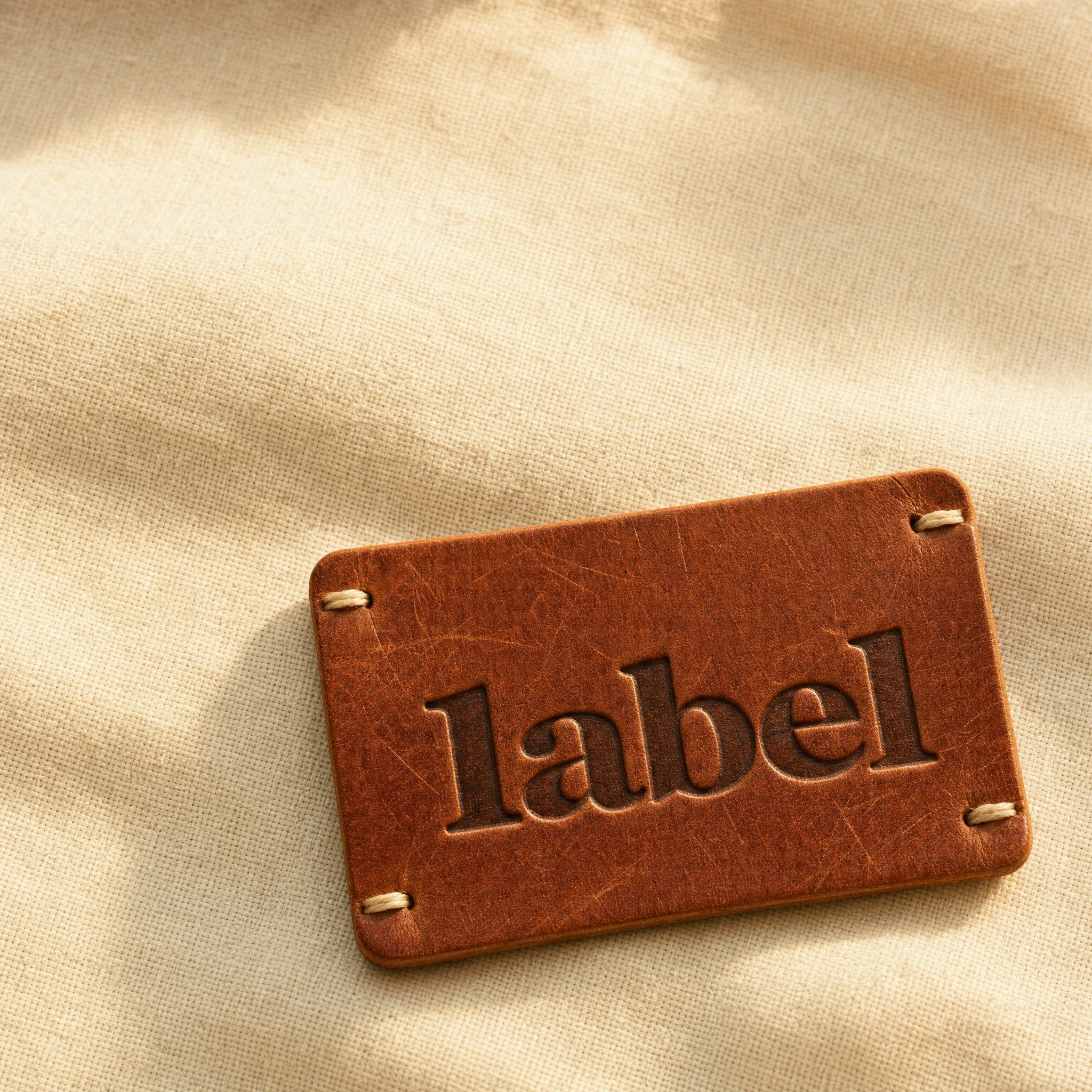 Deep-debossed 1abel leather patch on cream linen, in warm afternoon light.