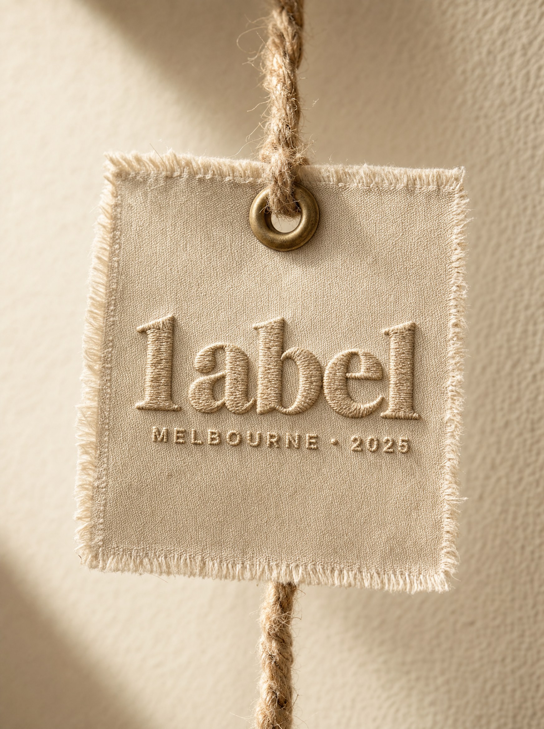 A sewn cream cotton hang-tag with the 1abel mark, in warm afternoon light