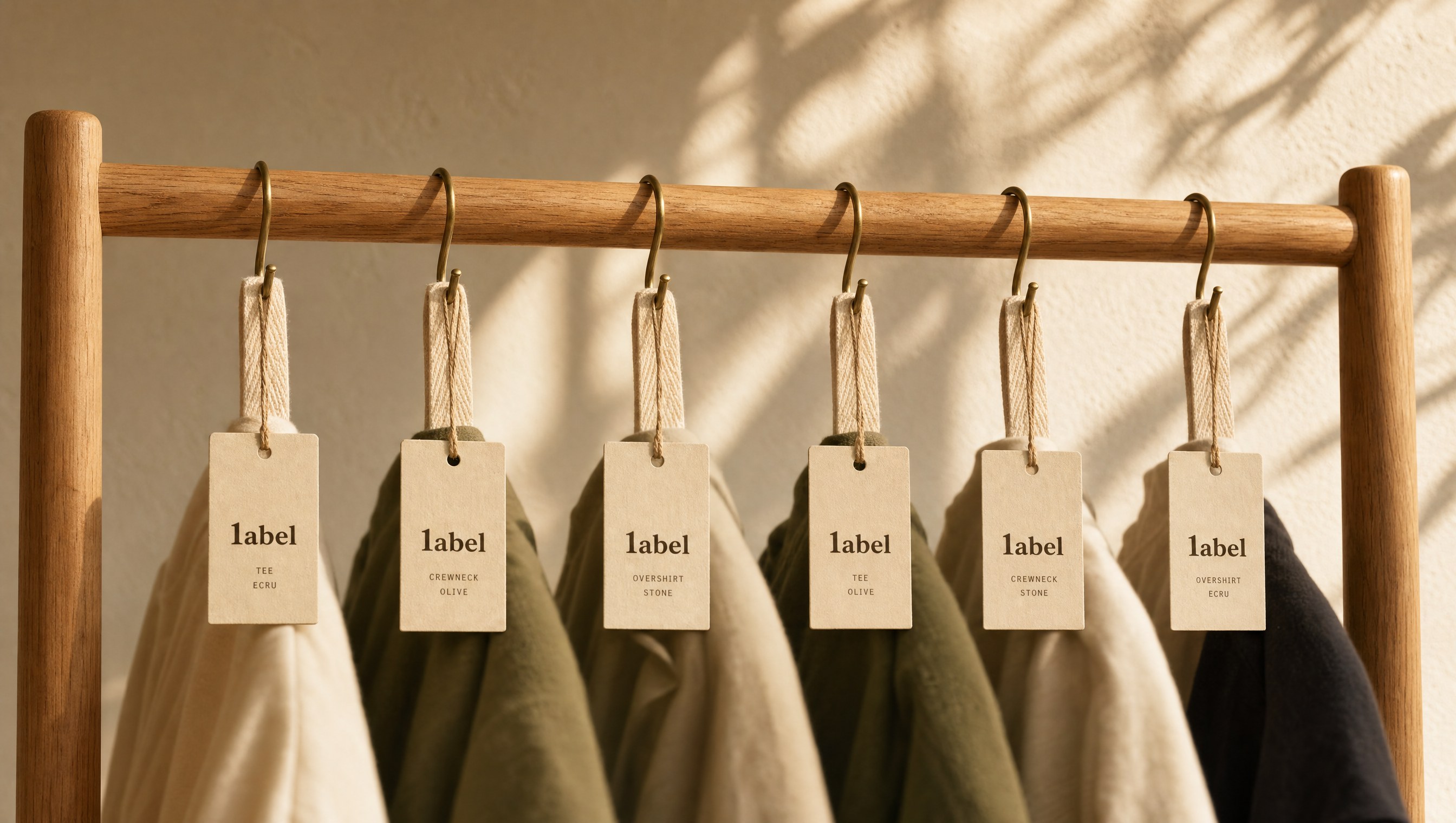 1abel garments hanging on an oak studio rack with stamped paper hang-tags