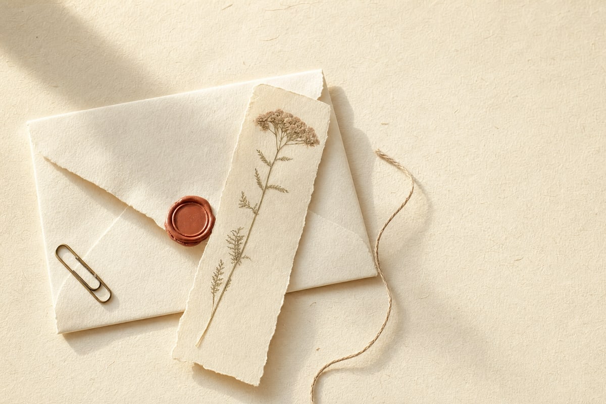 A cream envelope closed with a terracotta wax seal, a pressed flower laid across it