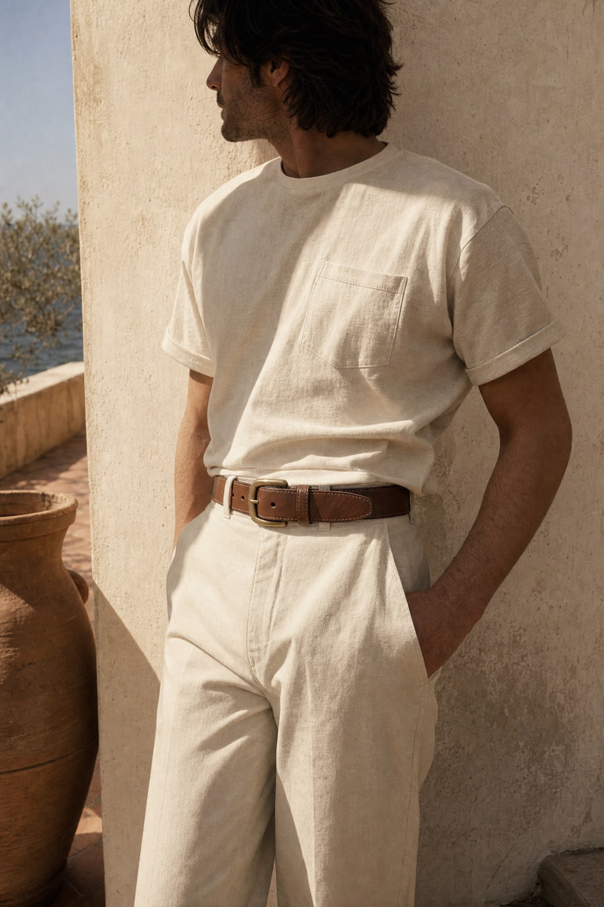 Belt in tan, in warm afternoon light