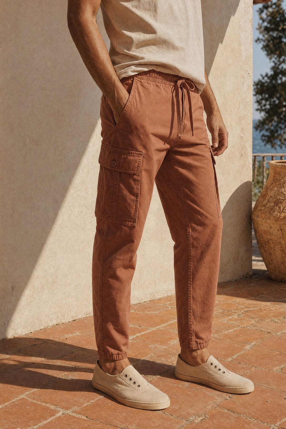 Cargo in clay, worn outdoors in warm afternoon light