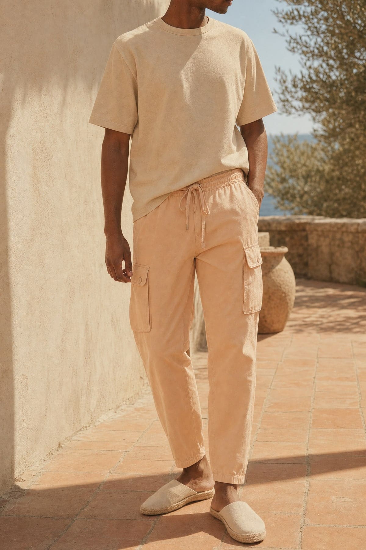 Cargo in peach, worn outdoors in warm afternoon light
