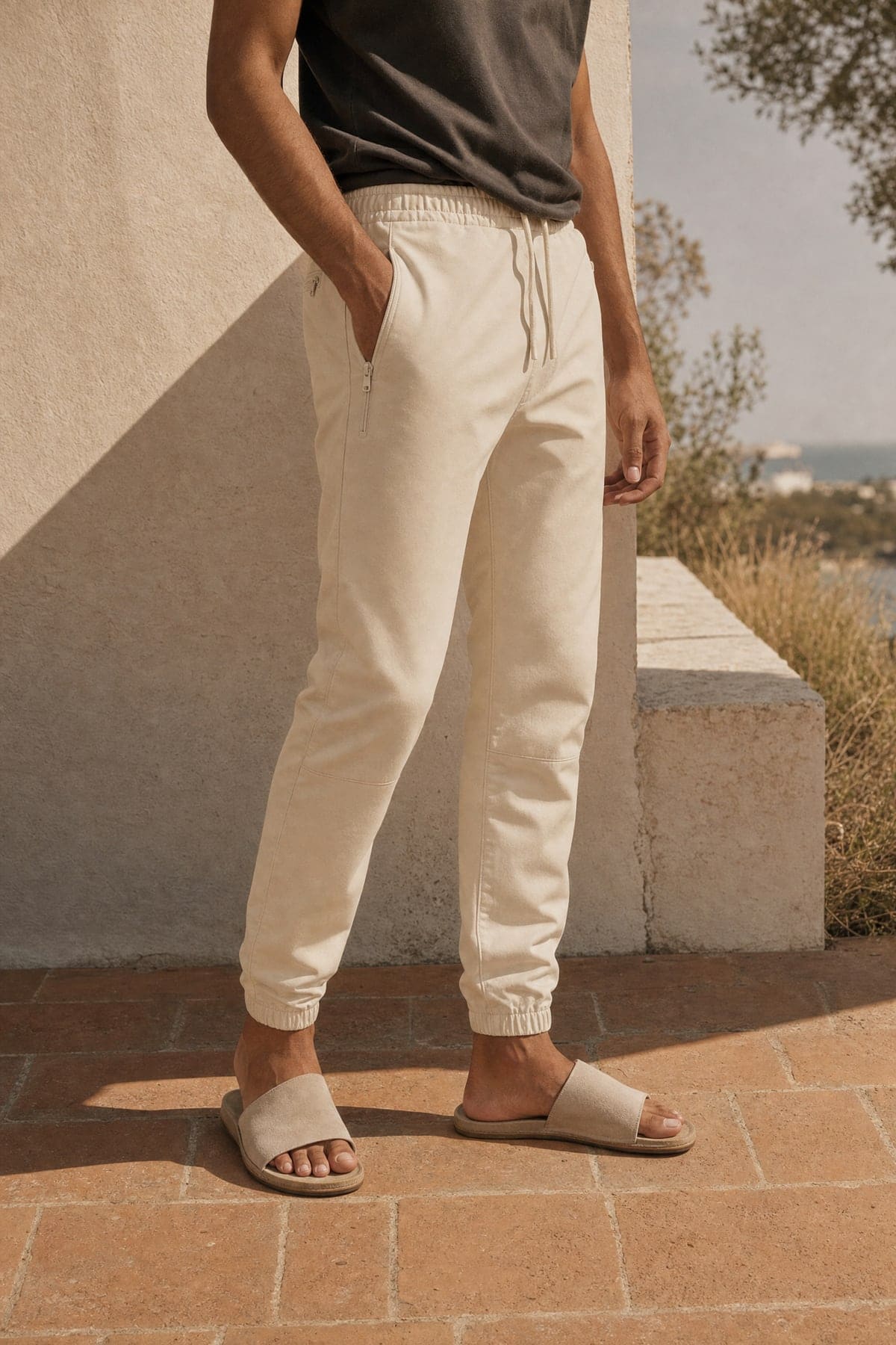 Joggers in ecru, worn outdoors in warm afternoon light