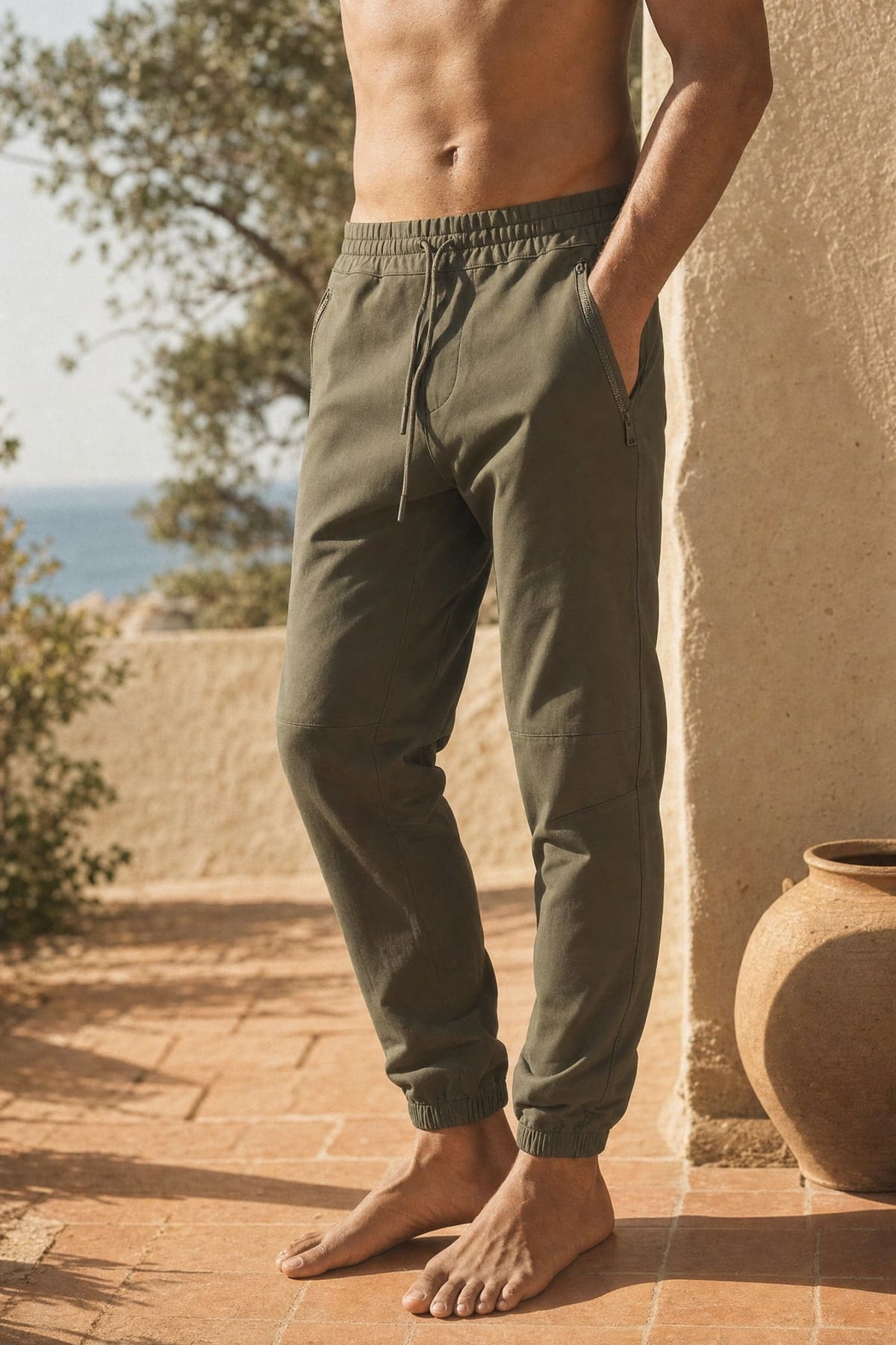 Joggers in olive, worn outdoors in warm afternoon light