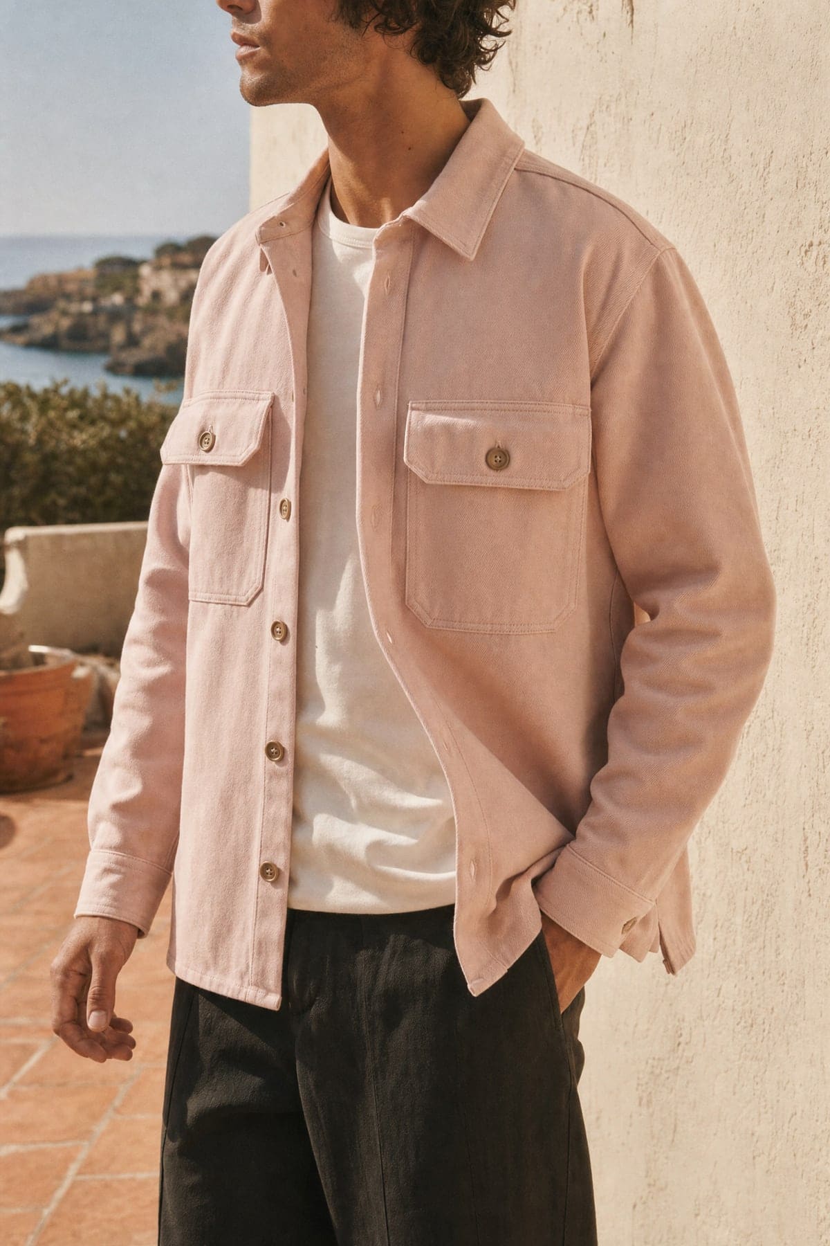 Overshirt in blush, worn outdoors in warm afternoon light