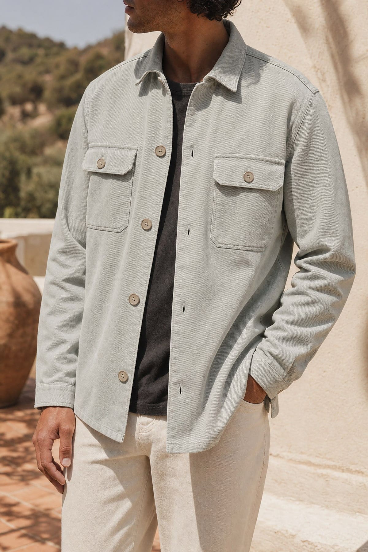 Overshirt in mist, worn outdoors in warm afternoon light