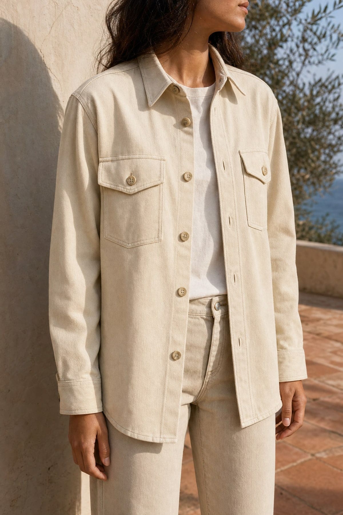 Overshirt in sand, worn outdoors in warm afternoon light