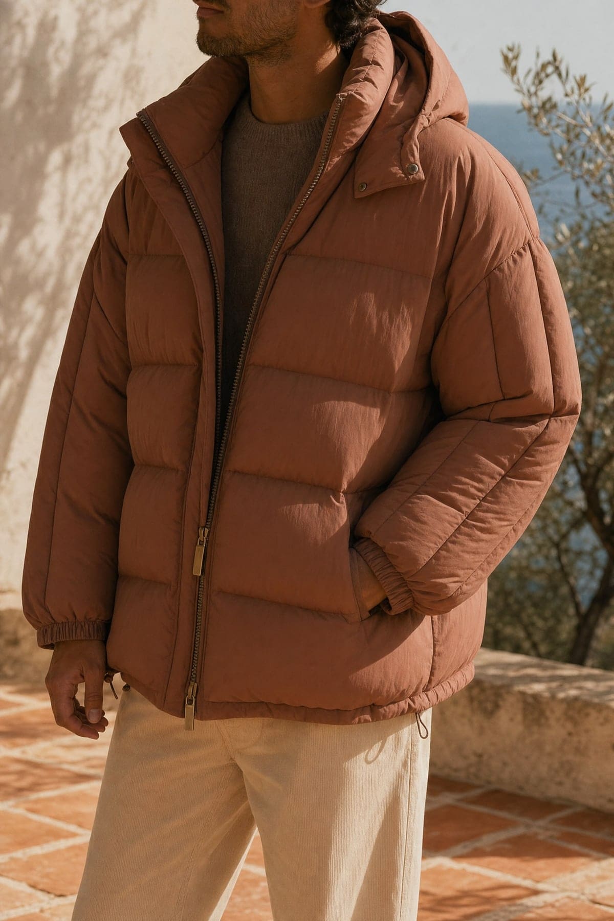 Puffer in clay, worn outdoors in warm afternoon light