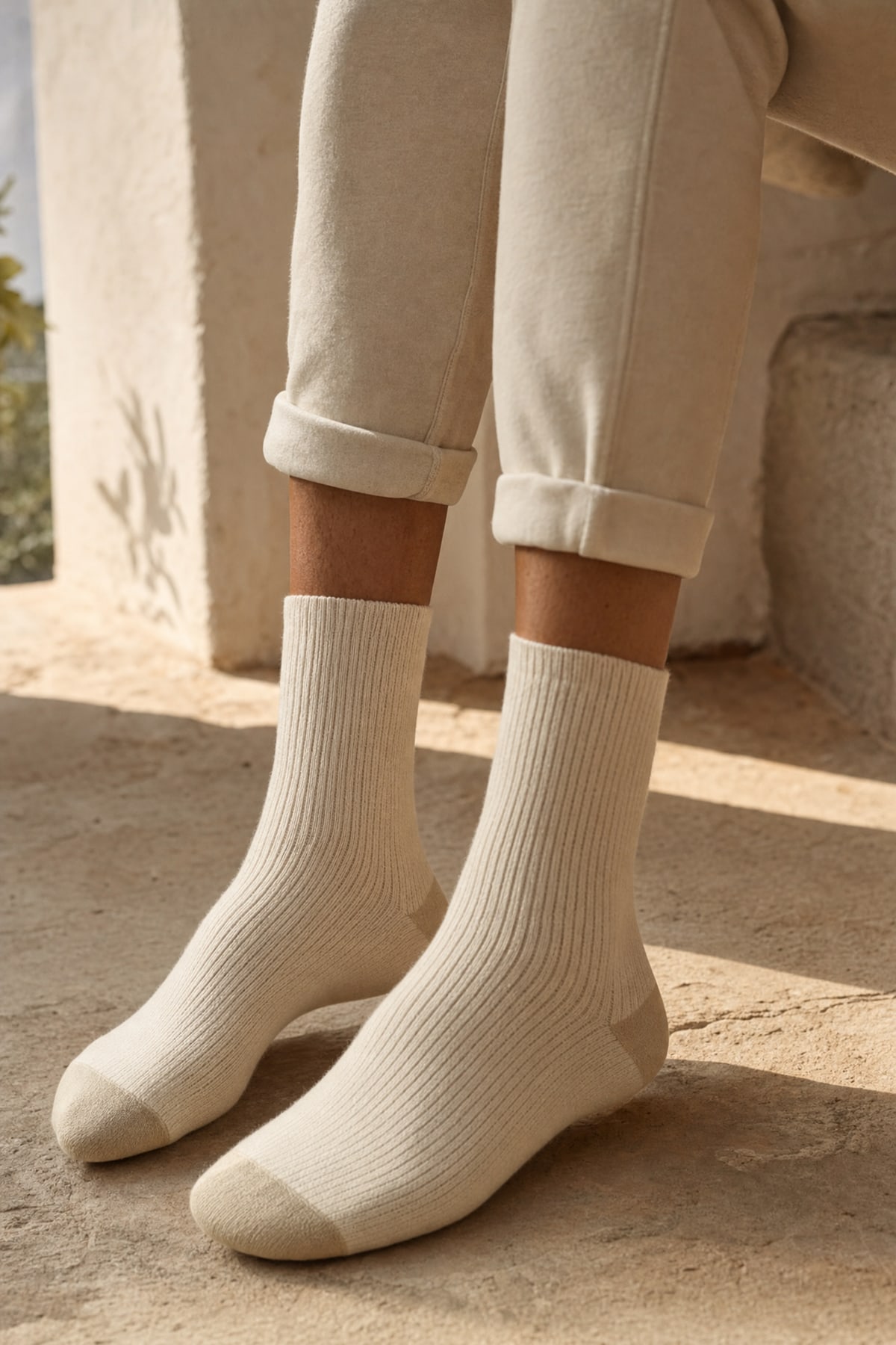 Socks in ecru — worn under cuffed pants