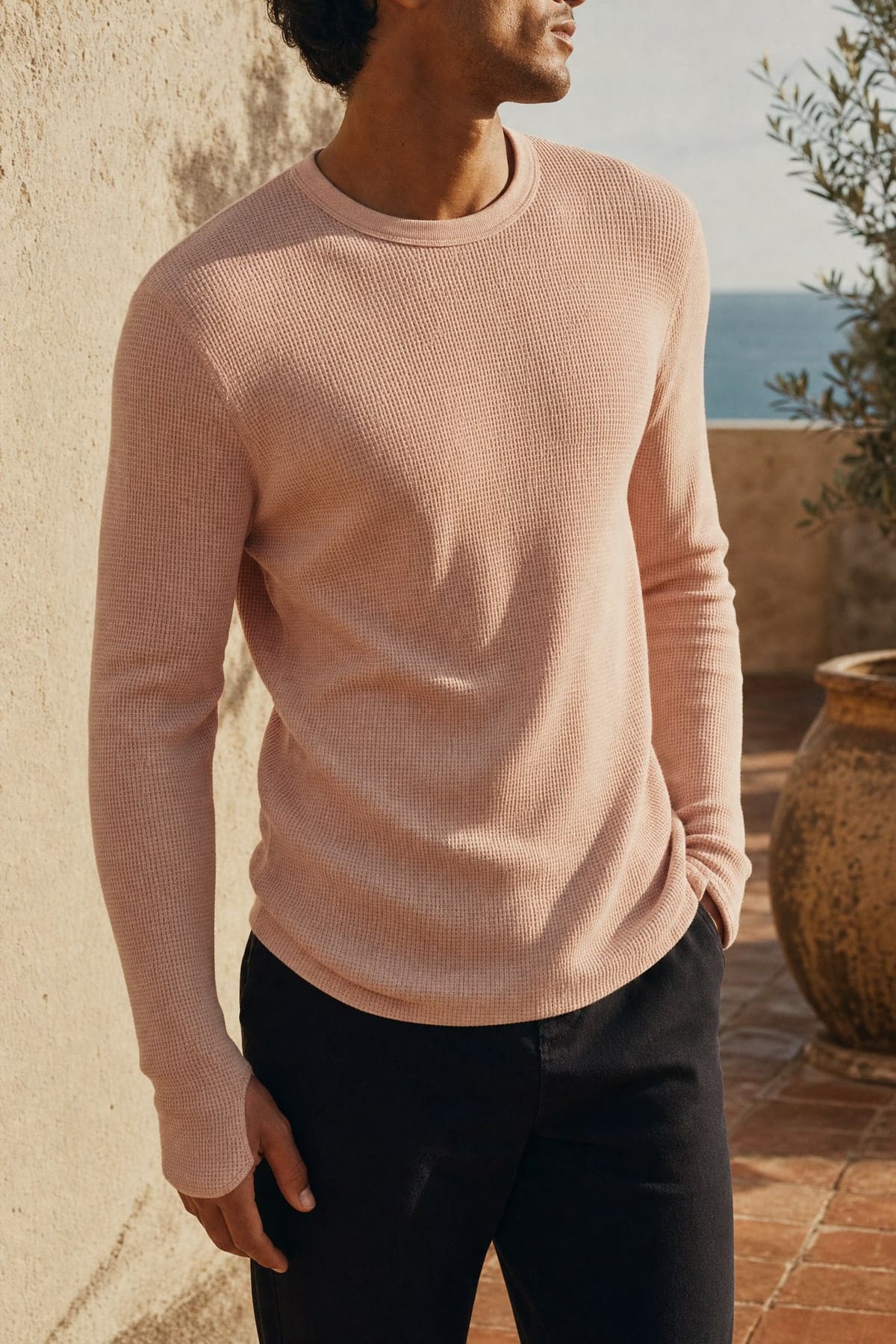 Thermal in blush, worn outdoors in warm afternoon light