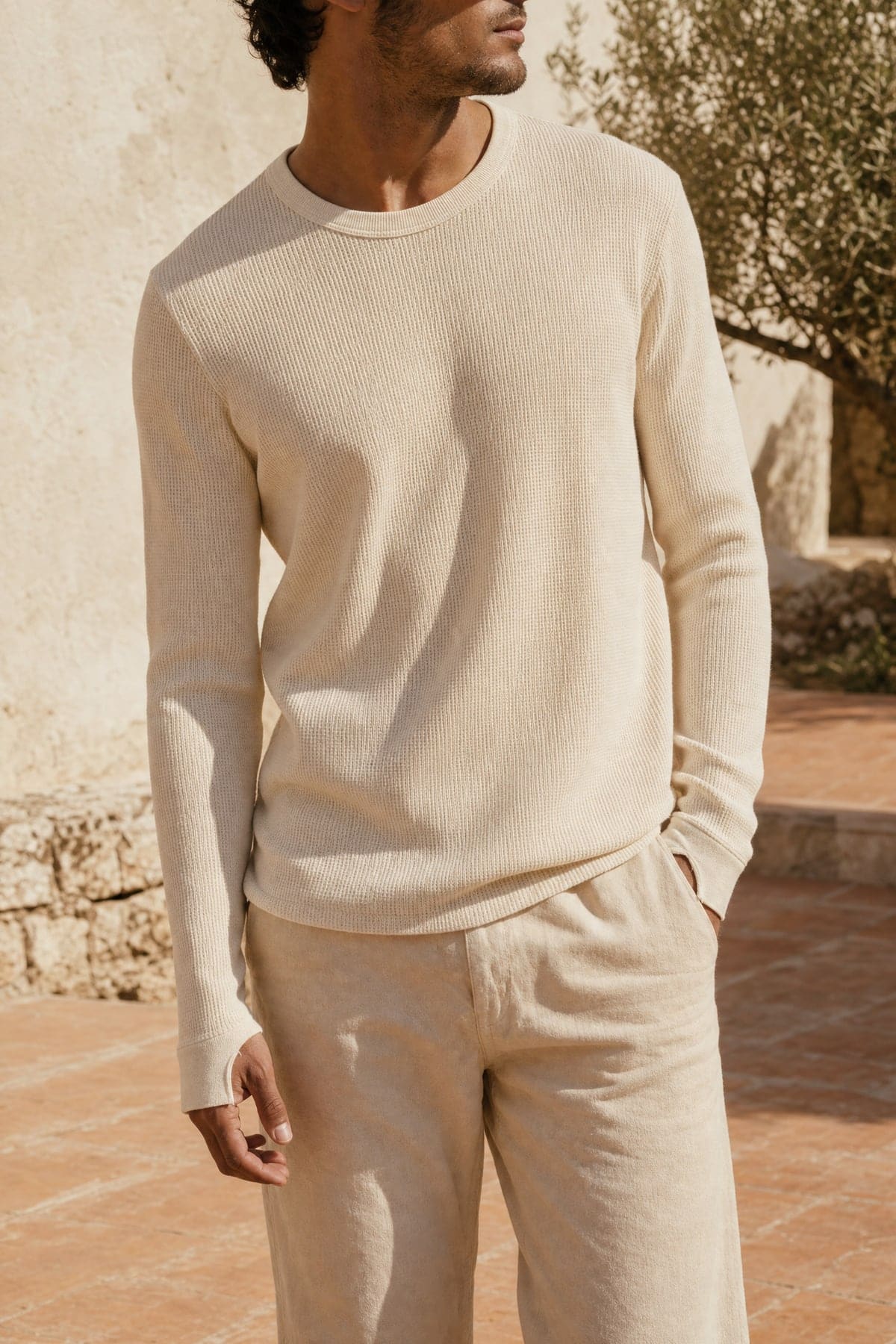 Thermal in ecru, worn outdoors in warm afternoon light