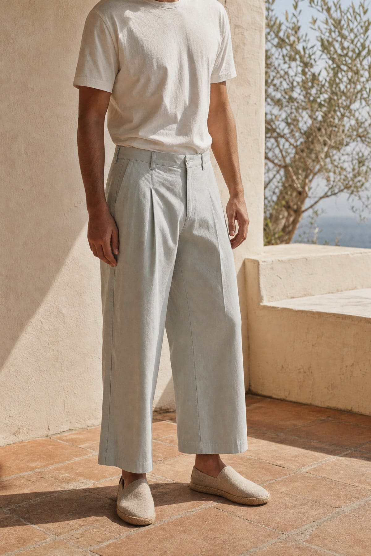 Wide pants in mist, worn outdoors in warm afternoon light