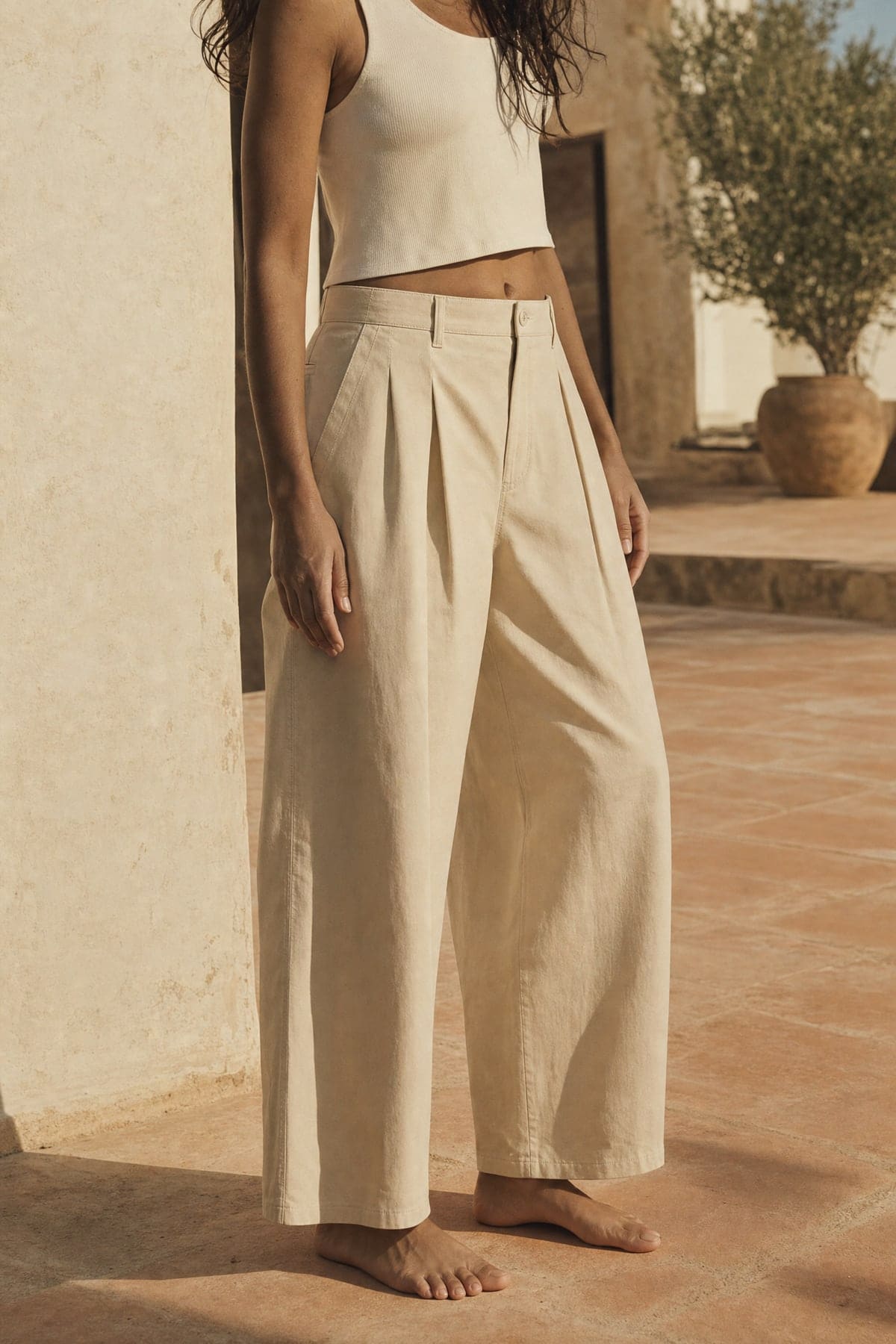 Wide pants in sand, worn outdoors in warm afternoon light